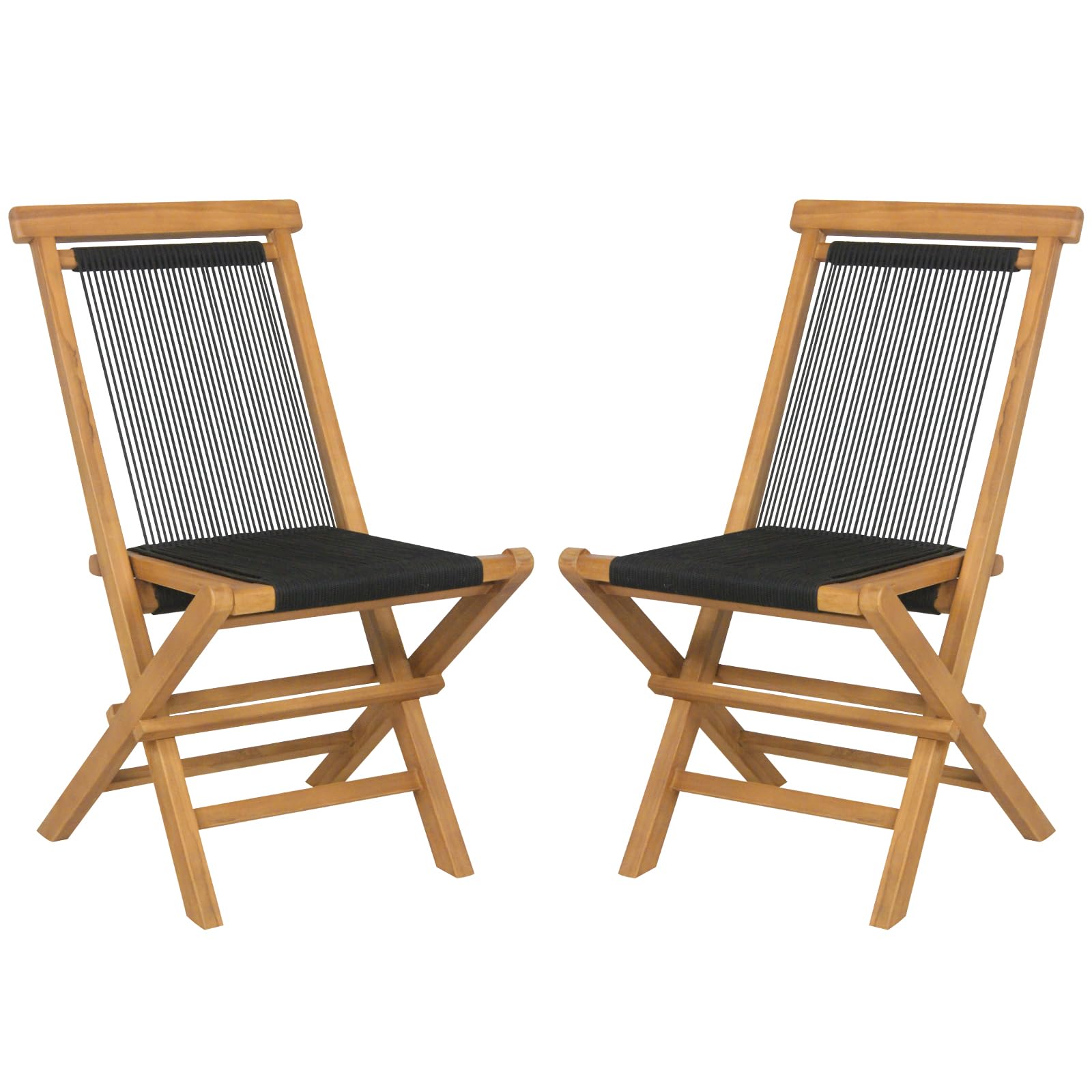 Tangkula Lot de 2 chaises pliantes de patio, chaises de salle à manger en bois de teck massif avec assise et dossier en corde tressée